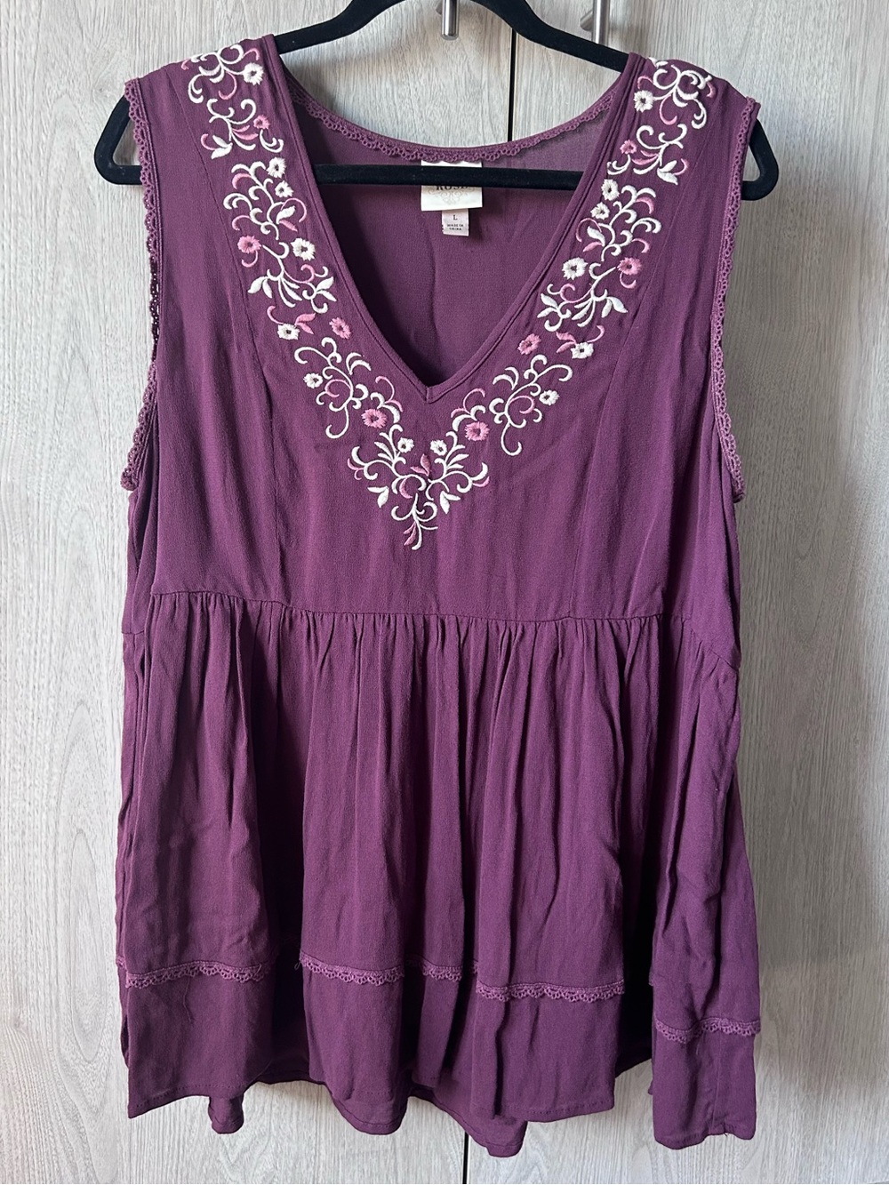 Knox Rose Purple Embroidered V-Neck Sleeveless Babydoll Tunic Top Size Large